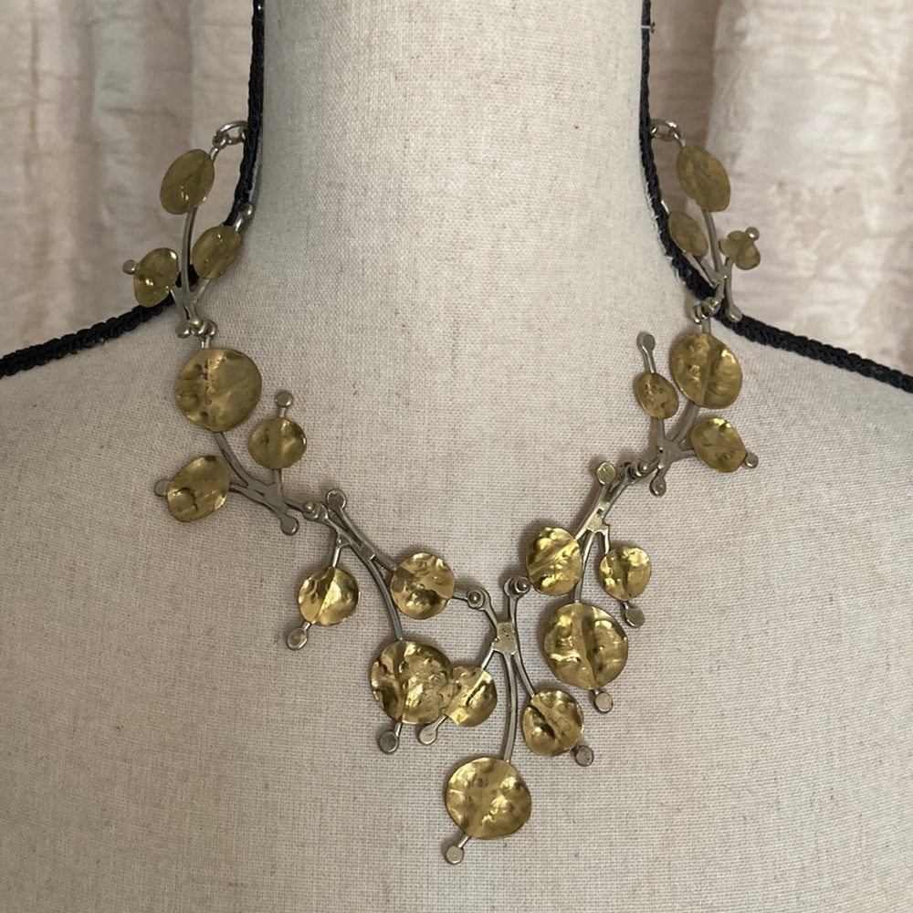Collectors JOSEPH BORIS Signed Modernist FLORAL Collar Bib Necklace Gold Silver